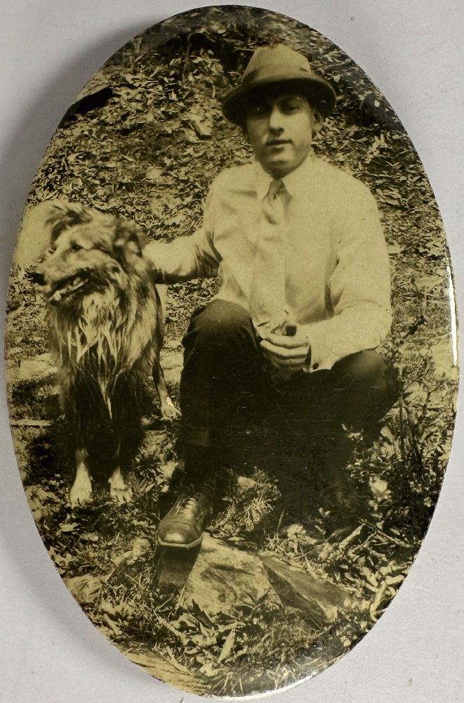 Celluloid Pocket Photograph Mirror with Image of Man and His Collie Dog