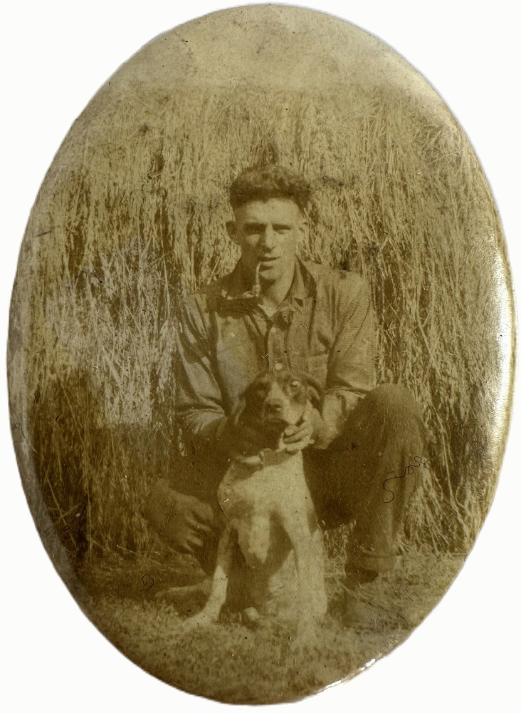 Celluloid Photographic Pocket Mirror Has an Image of a Man and His Hound Dog