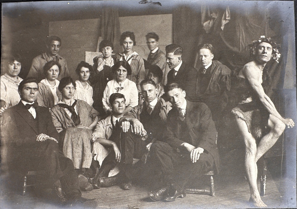 Early 20th Century Group Photo of Art Students with a Semi-Clothed Male Model (On Album Page)