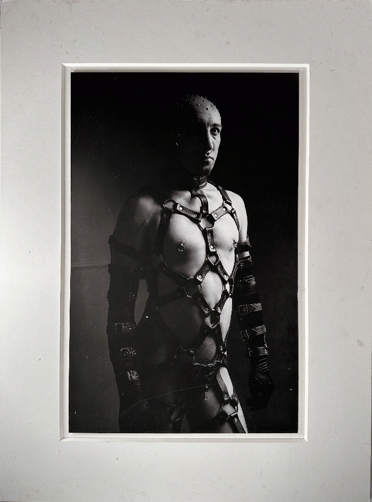 Photograph of a Heavily Pierced Man in an Elaborate Leather Full Body Harness