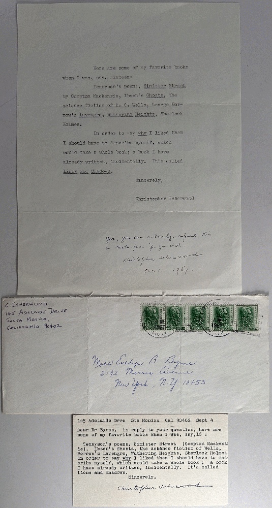 Image for Christopher Isherwood Signed Letter, Postcard and Envelope Christopher Isherwood Signed Letter, Postcard and Envelope