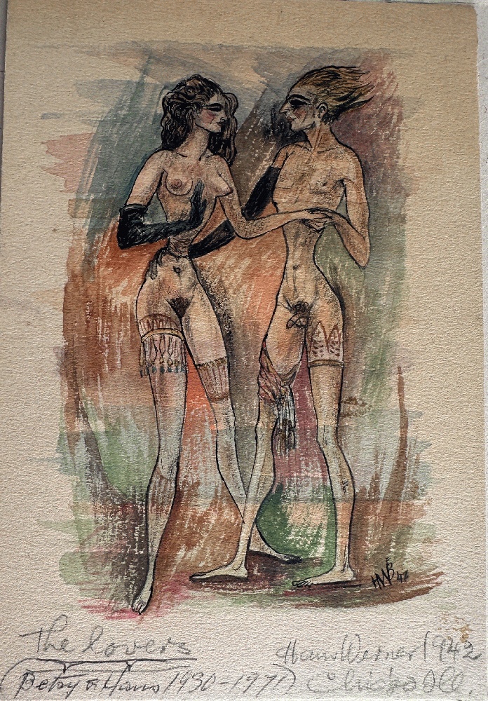 Pen and Watercolor Painting of a Couple Crossing the Gender Line, by Hans Werner, 1942