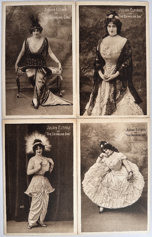 Four Postcards of Drag Performer Julian Eltinge in The Crinoline Girl 1914