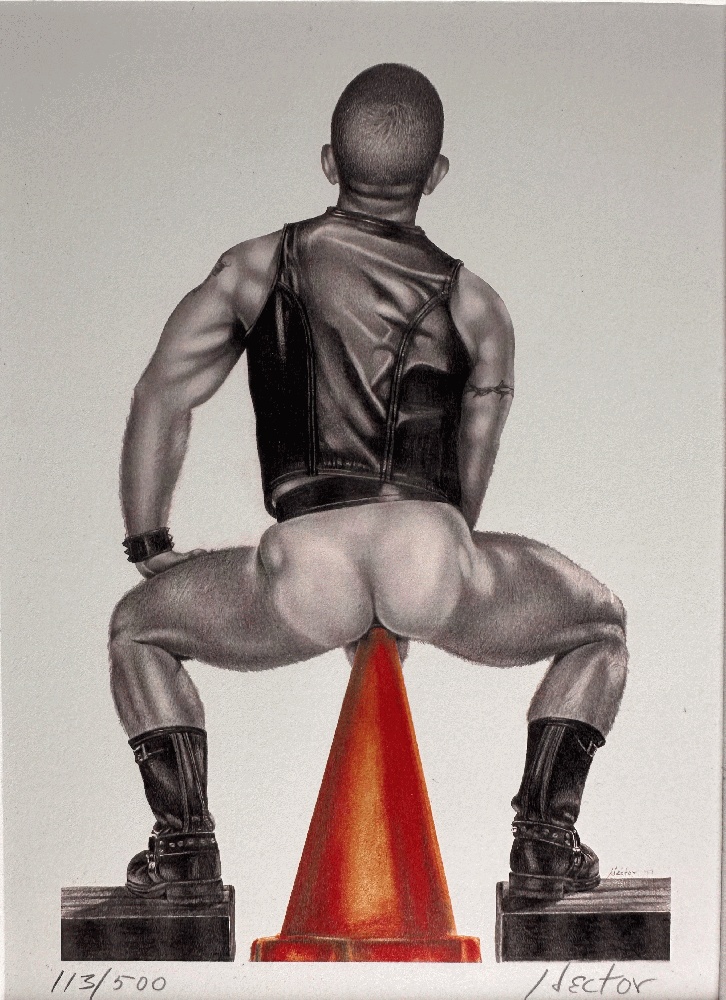Ltd Ed Signed Print of Leather Man on Traffic Cone by Gay Artist Hector Silva
