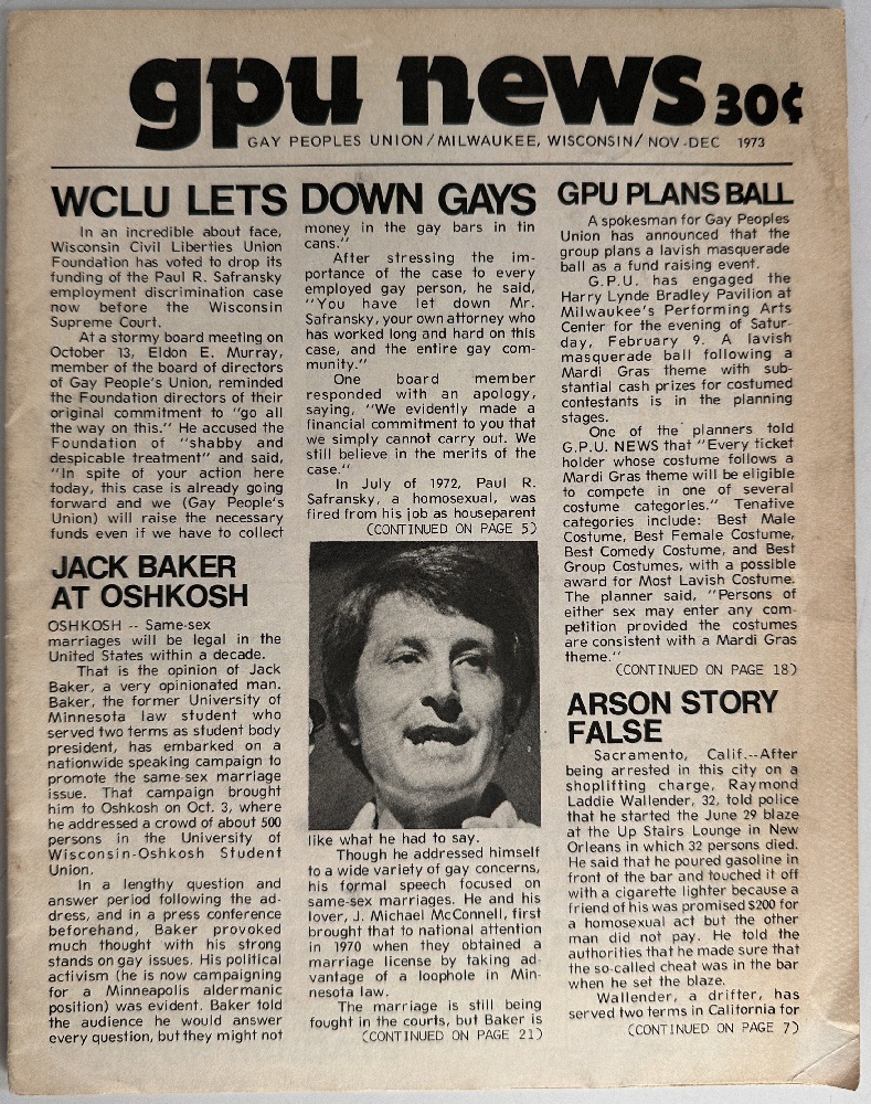 GPU News, Gay People's Union Milwaukee WI Nov-Dec 1973
